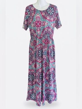 Cherfly Boho Pink & Teal Printed Short-Sleeve Maxi Dress